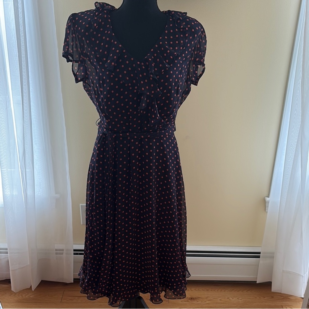 Elegant Navy and Red Polka Dot Dress